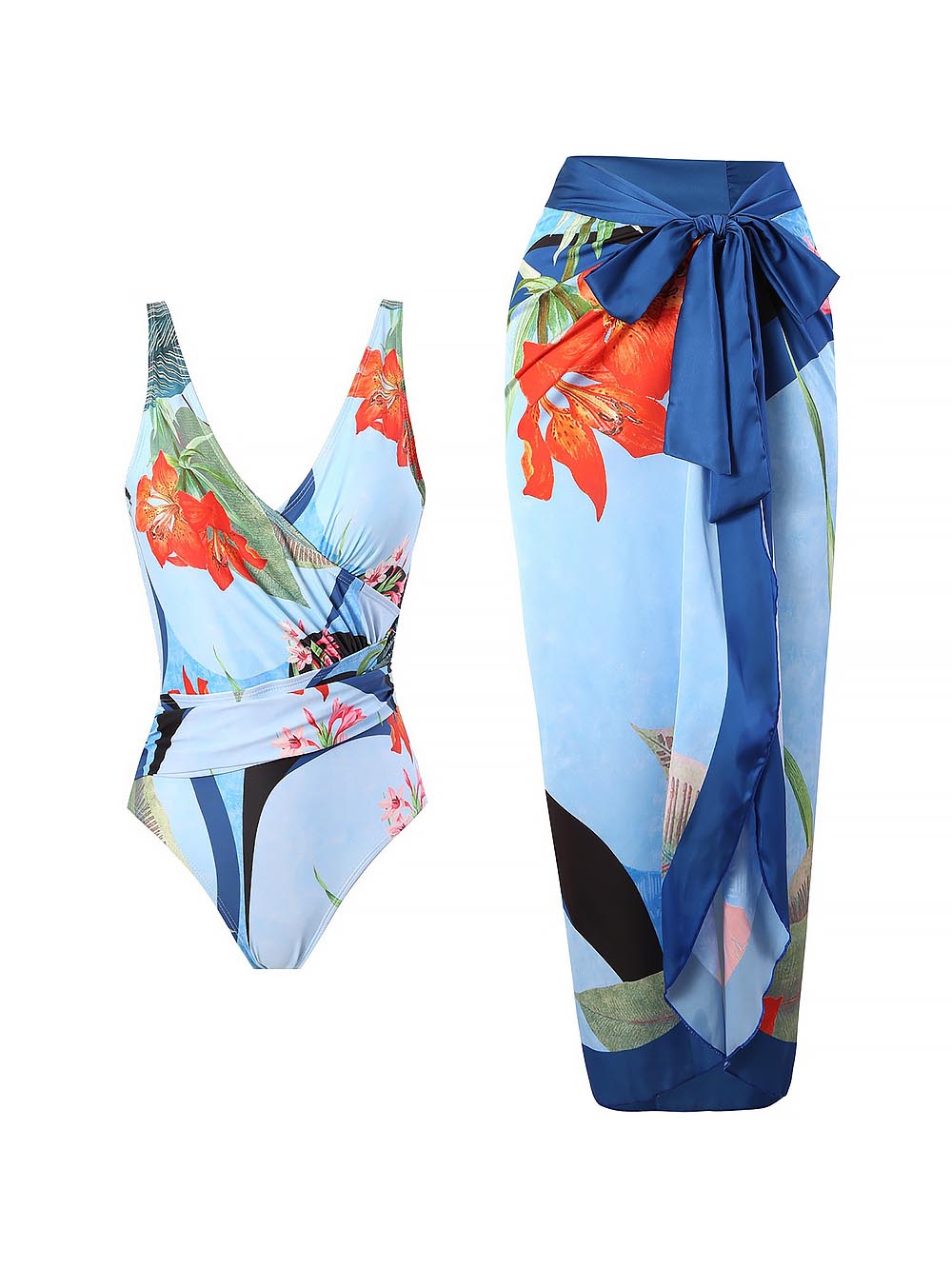 One Piece Printed Open Back Swimsuit with Hip Length Skirt Set | ZAKAPOP