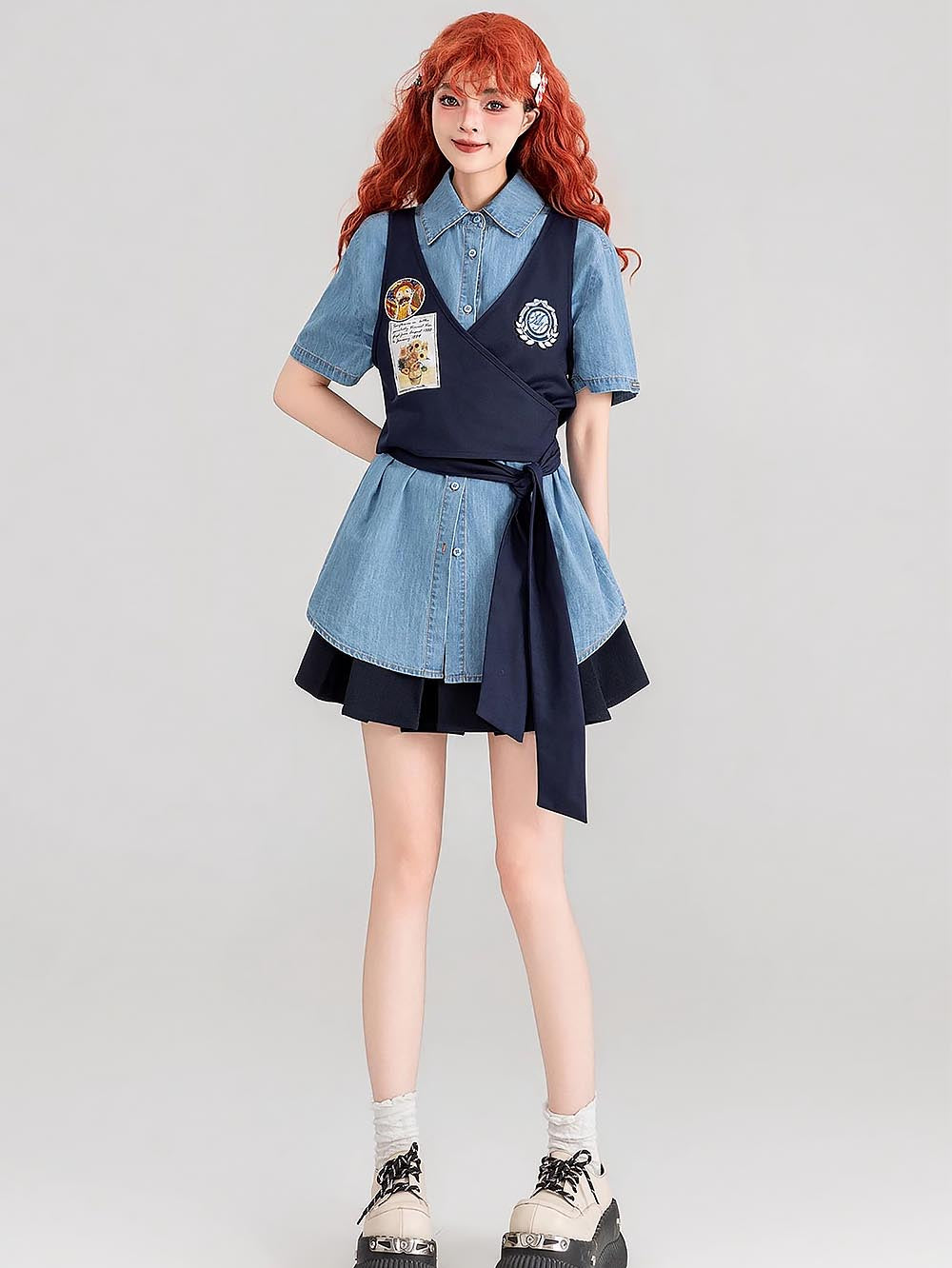 Preppy Lightweight Denim Summer Two-Piece Dress Set | ZAKAPOP