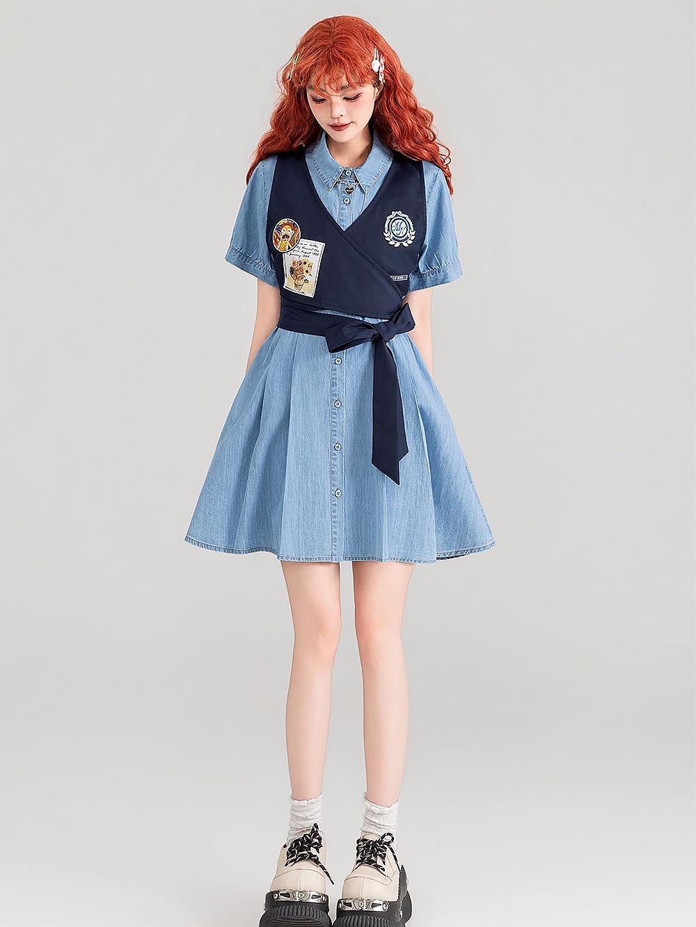 Preppy Lightweight Denim Summer Two-Piece Dress Set | ZAKAPOP