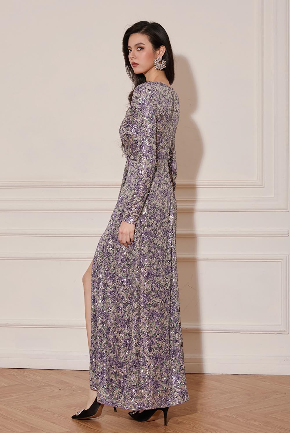 Purple Floral Sparkle Split Maxi Dress | ZAKAPOP