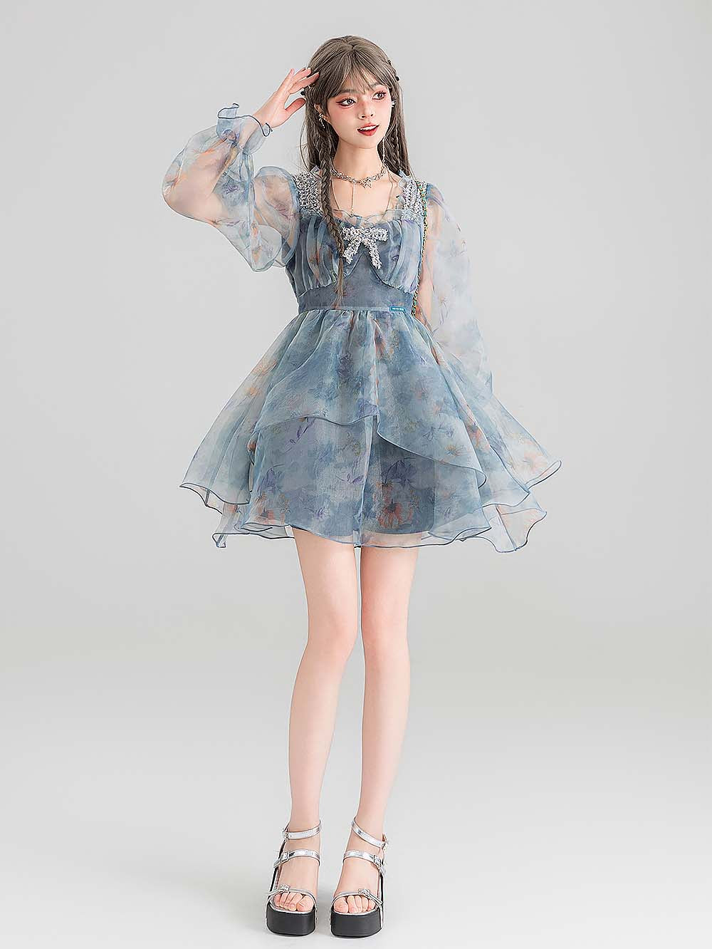 Smoky Blue Floral Princess Dress | ZAKAPOP