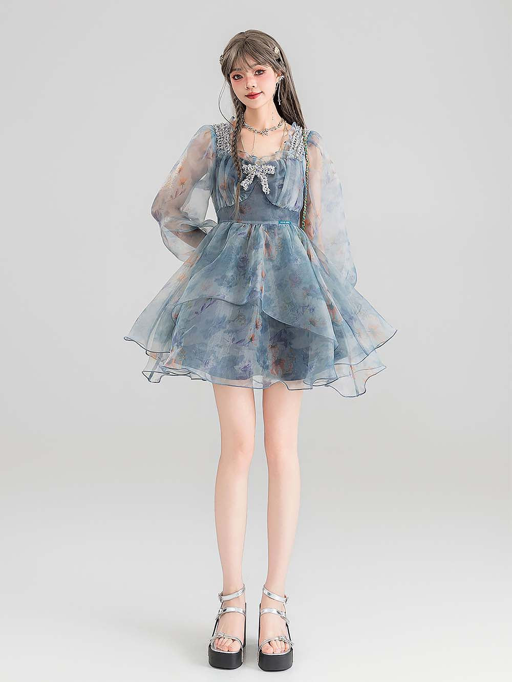 Smoky Blue Floral Princess Dress | ZAKAPOP