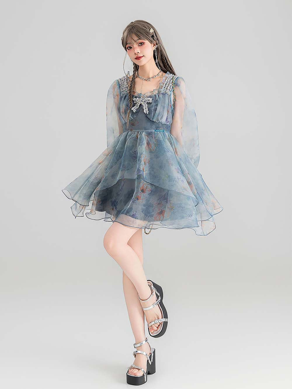 Smoky Blue Floral Princess Dress | ZAKAPOP