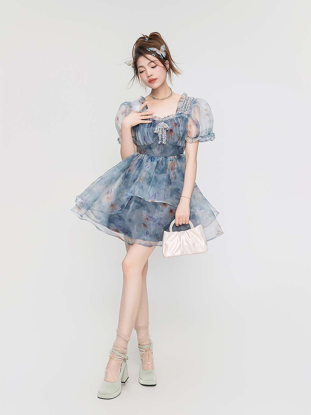 Smoky Blue Floral Princess Dress | ZAKAPOP