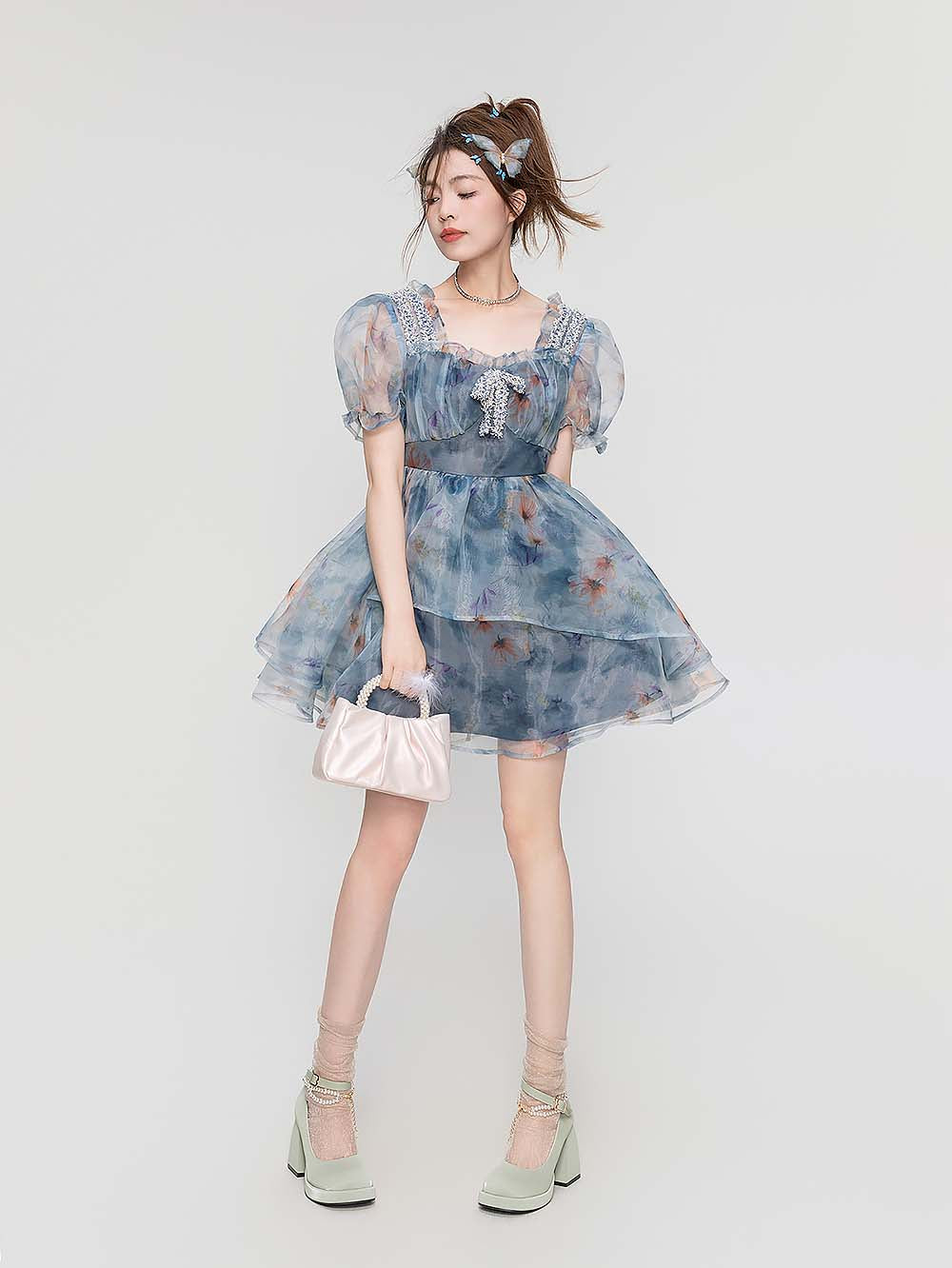 Smoky Blue Floral Princess Dress | ZAKAPOP