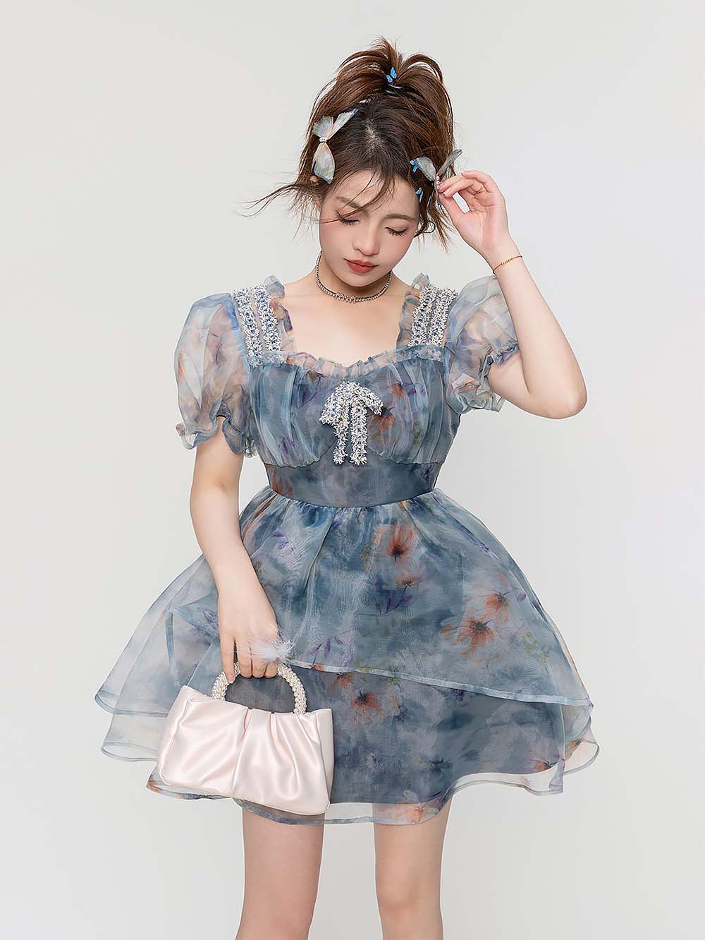 Smoky Blue Floral Princess Dress | ZAKAPOP