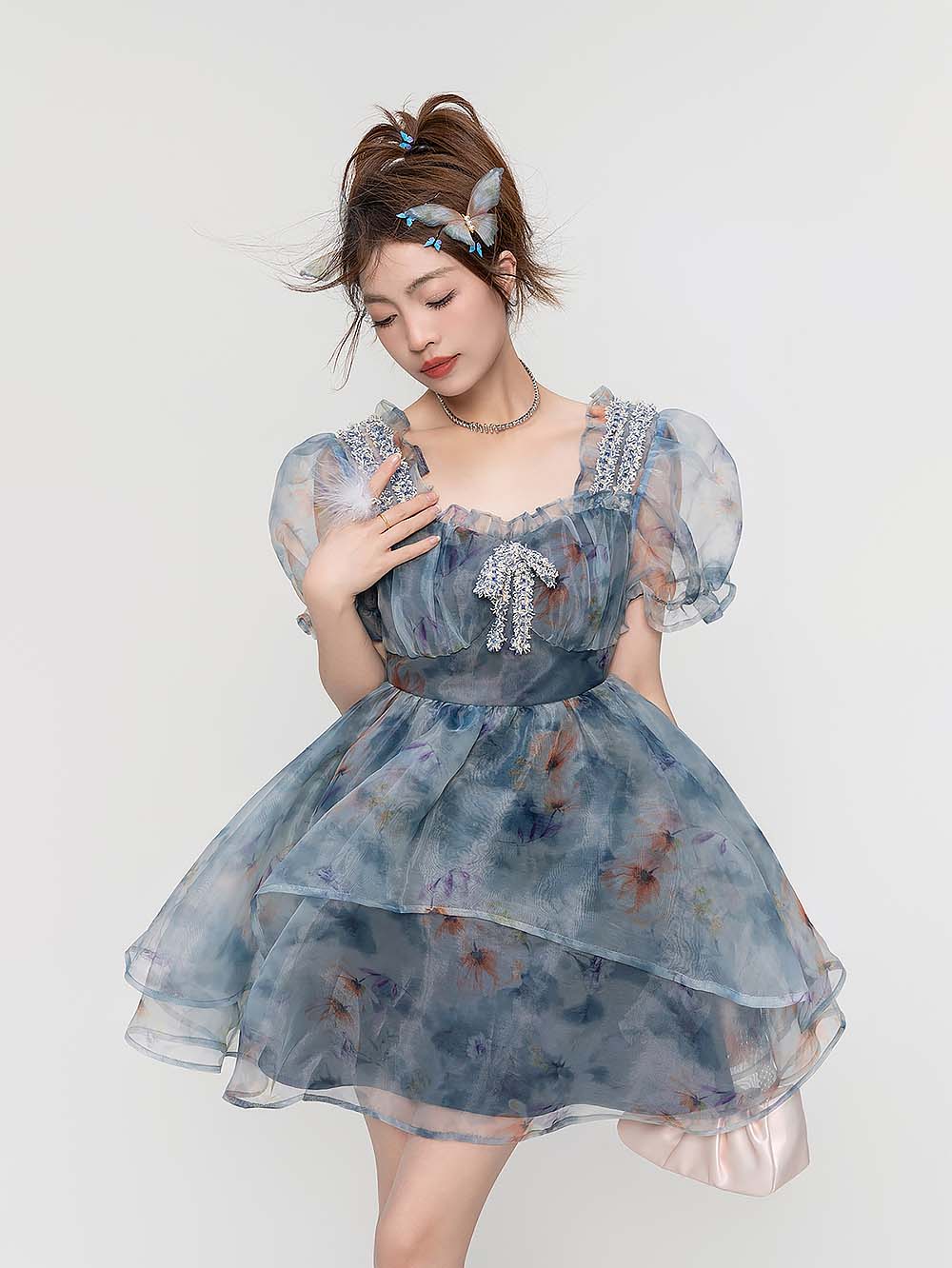 Smoky Blue Floral Princess Dress | ZAKAPOP