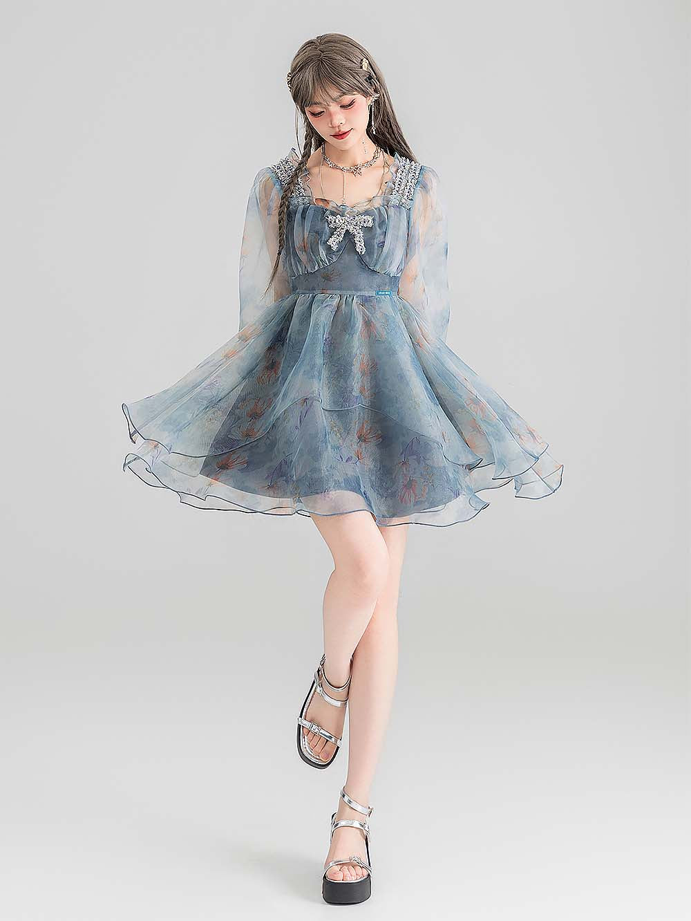 Smoky Blue Floral Princess Dress | ZAKAPOP