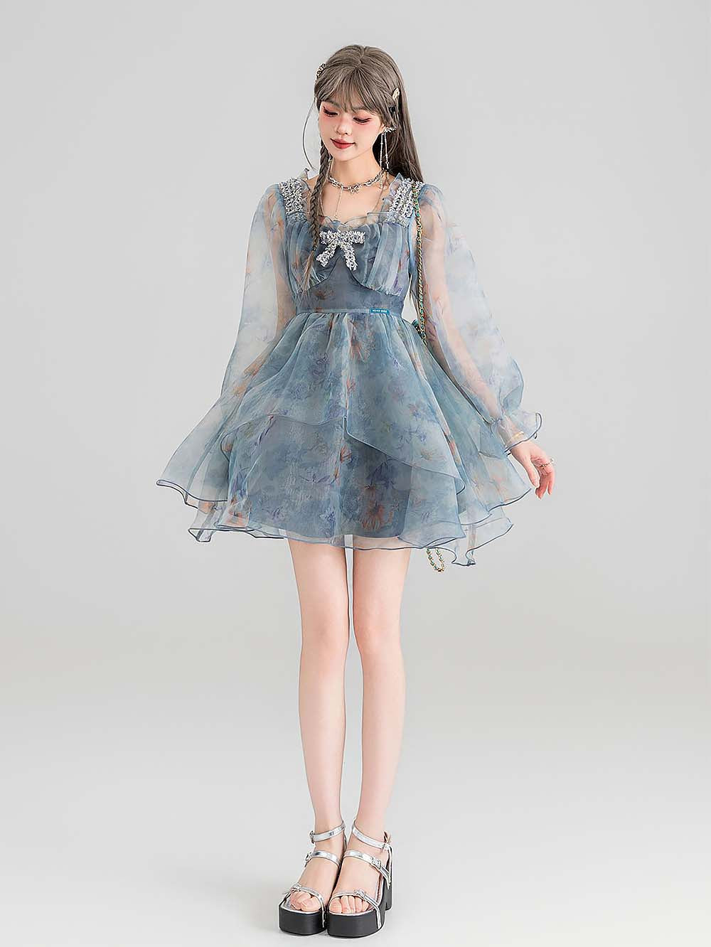 Smoky Blue Floral Princess Dress | ZAKAPOP