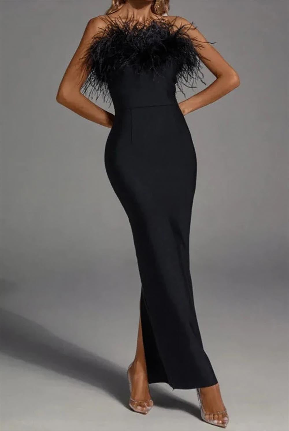 Tailored Feather-Embellished Deep V Maxi Dress | ZAKAPOP