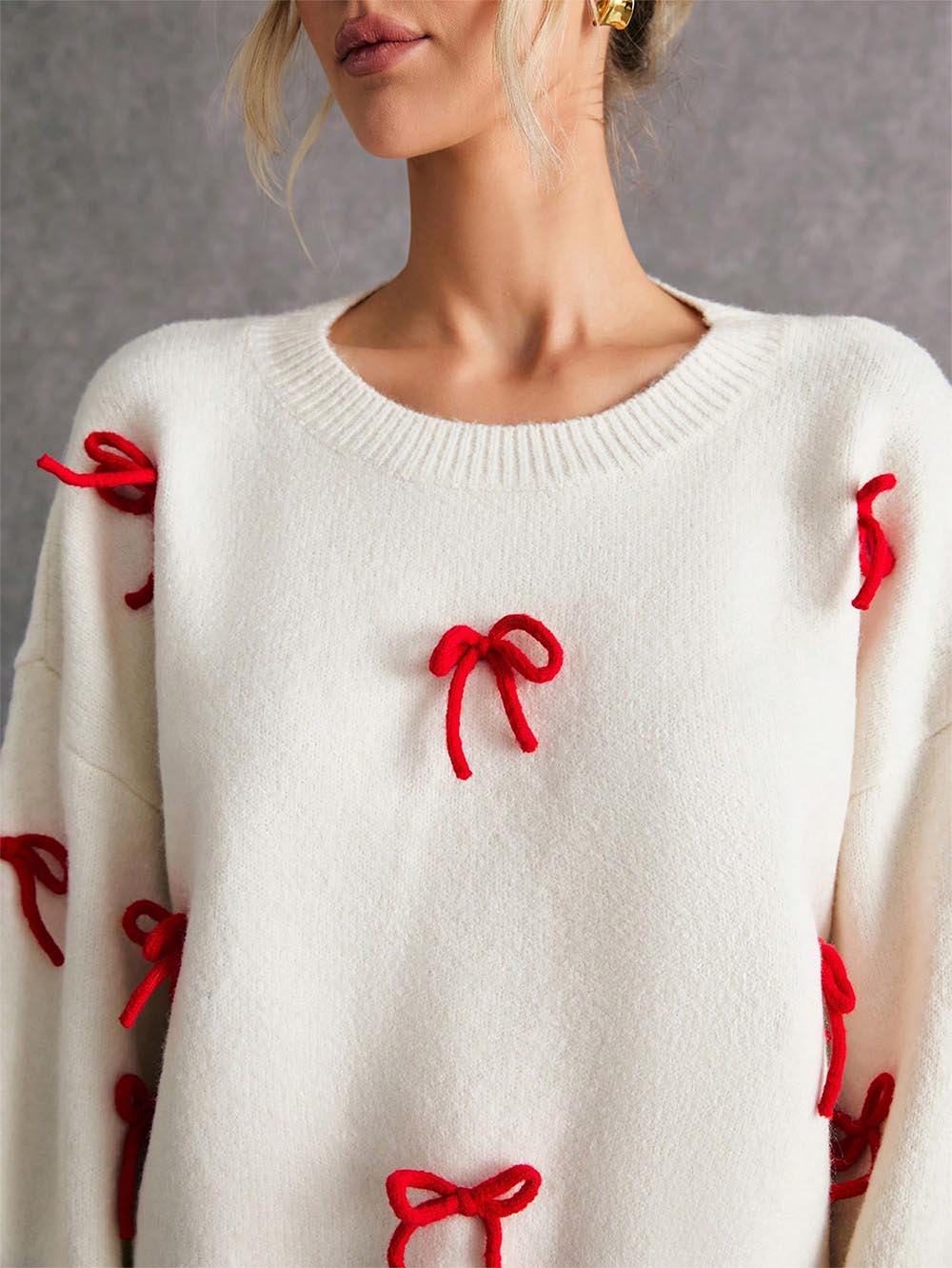 Women Cute Red Bow Decor Christmas Sweater | ZAKAPOP