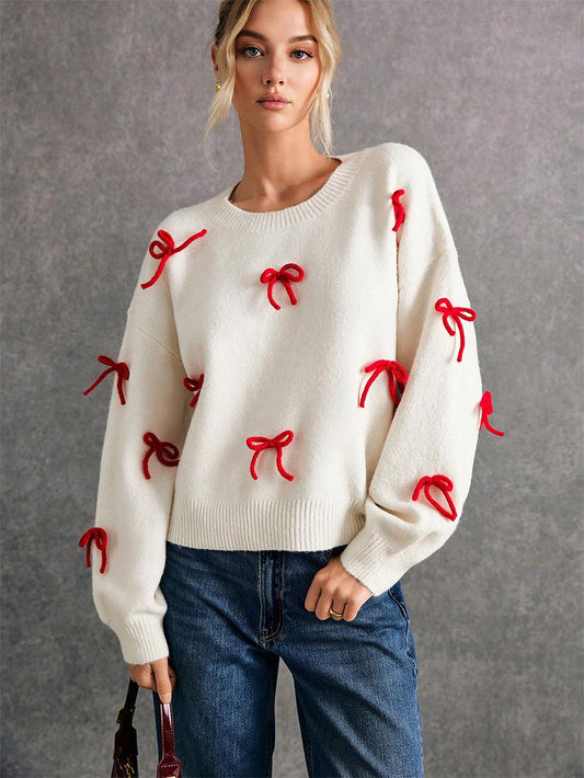 Women Cute Red Bow Decor Christmas Sweater | ZAKAPOP