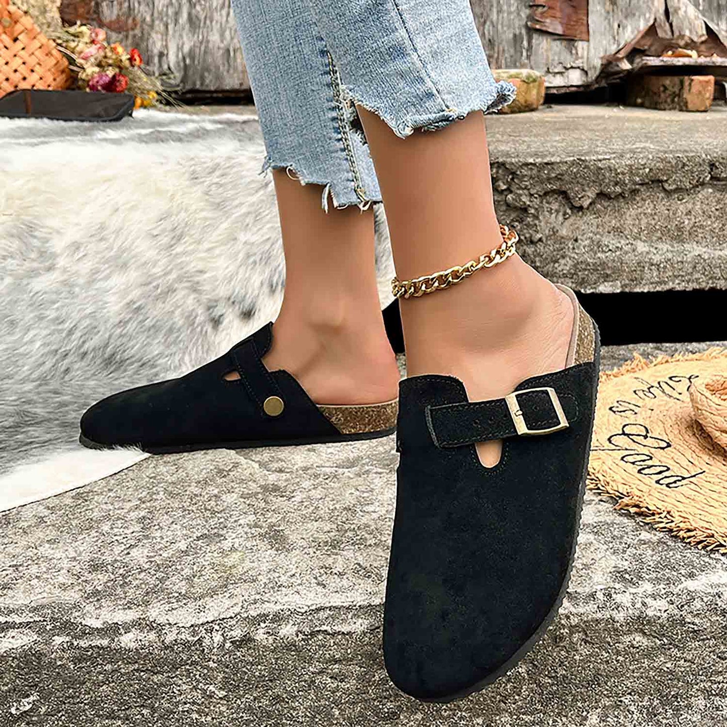 Women's Buckle Strap Flat Mules | ZAKAPOP