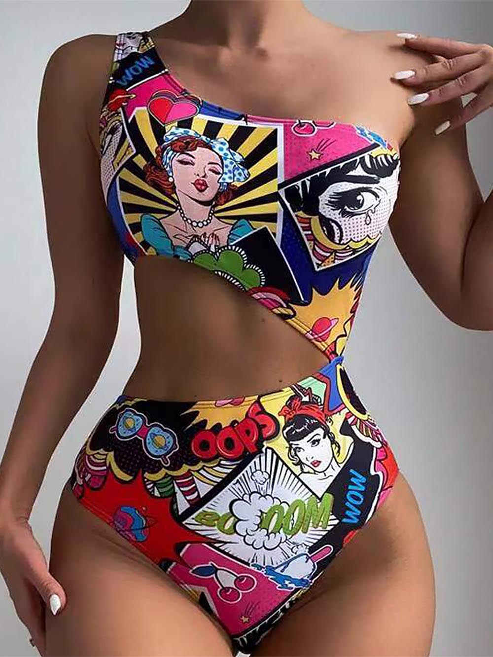 Women's Cartoon Pattern Cut Out One Piece Swimwear | ZAKAPOP