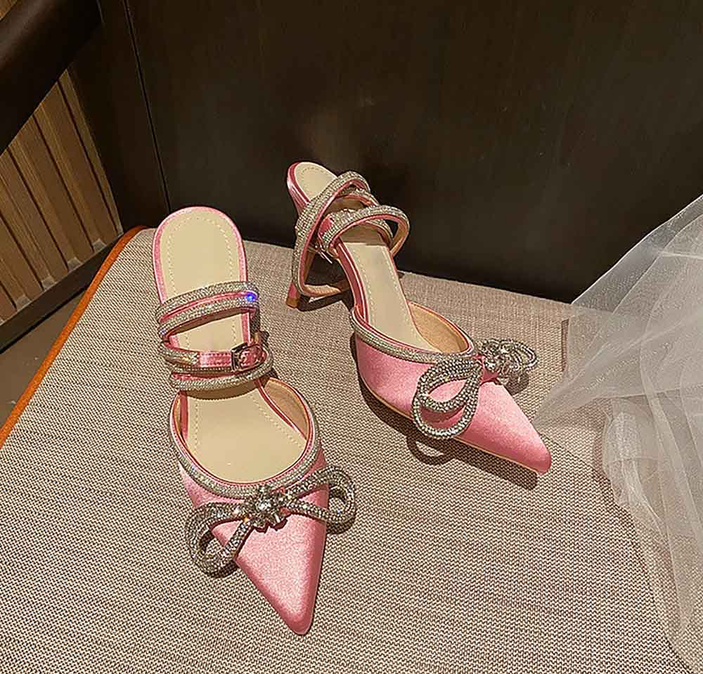 Women's Double Bow Pointed Toe Ankle Strap Heels | ZAKAPOP