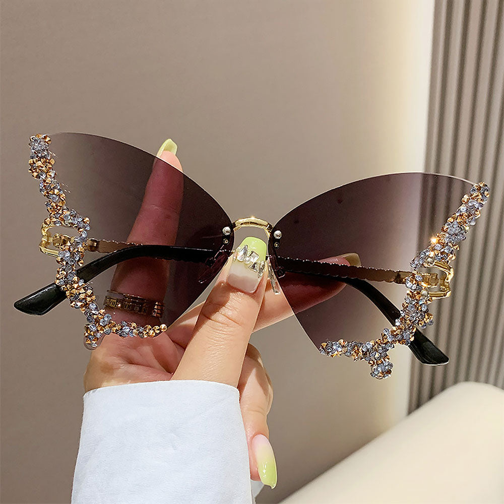 Women's Fashionable Butterfly Rhinestone Frameless Gradient Sunglasses | ZAKAPOP