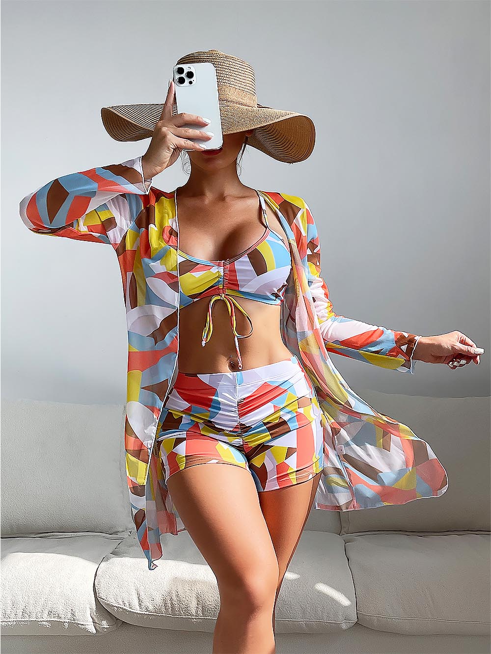 Women's Geometric Print Three-Piece Set Swimsuit with Long-Sleeve Hoodie | ZAKAPOP