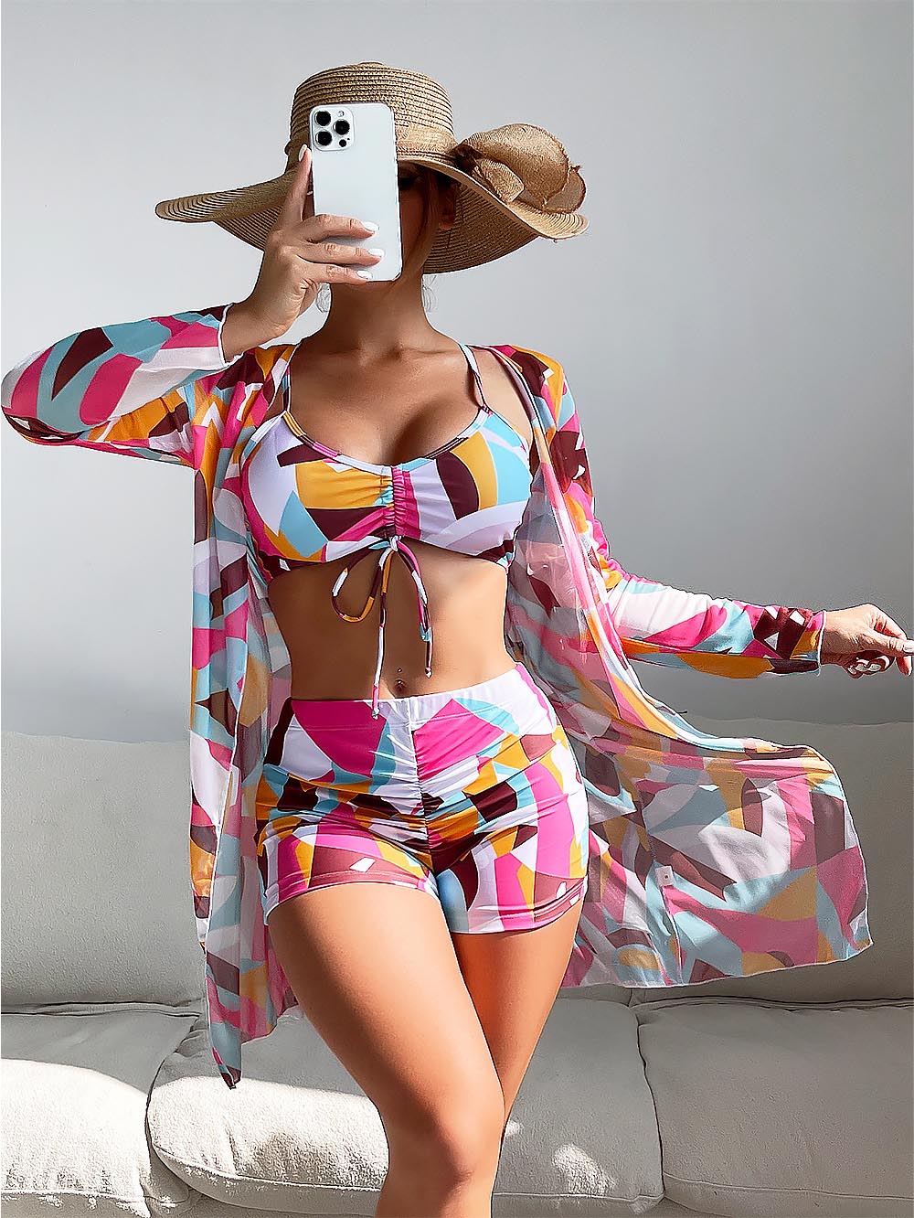 Women's Geometric Print Three-Piece Set Swimsuit with Long-Sleeve Hoodie | ZAKAPOP