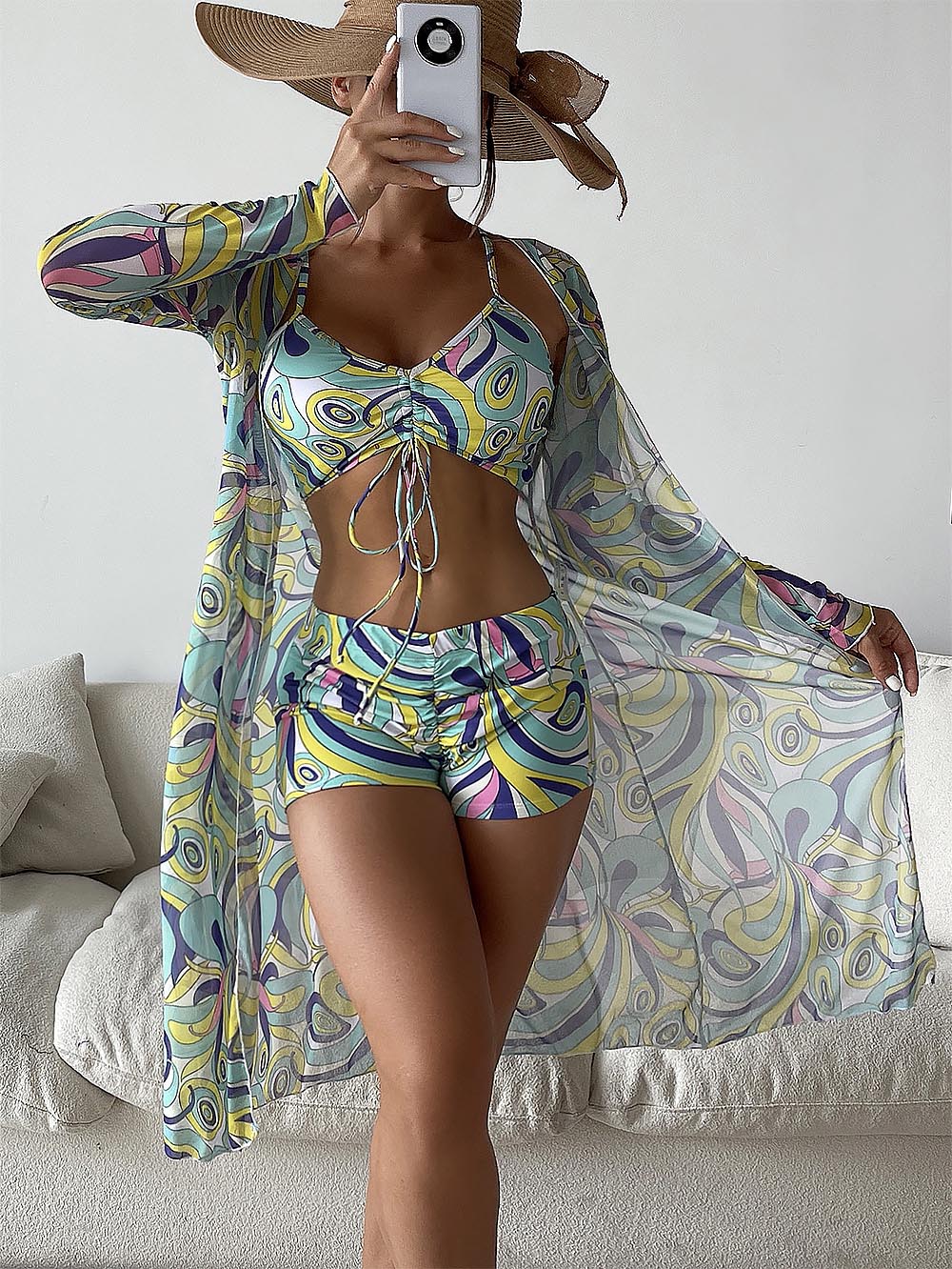 Women's Geometric Print Three-Piece Set Swimsuit with Long-Sleeve Hoodie | ZAKAPOP