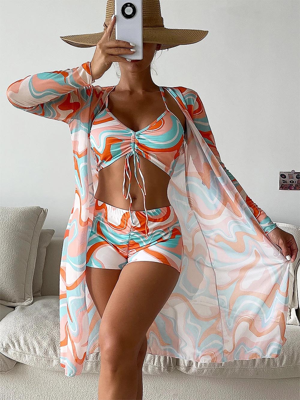 Women's Geometric Print Three-Piece Set Swimsuit with Long-Sleeve Hoodie | ZAKAPOP