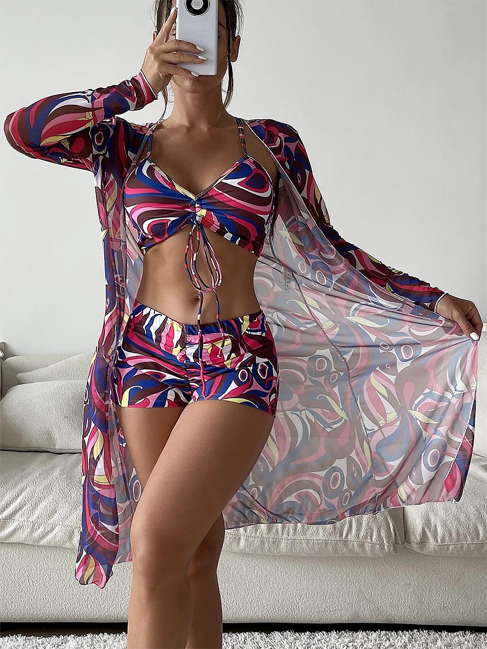 Women's Geometric Print Three-Piece Set Swimsuit with Long-Sleeve Hoodie | ZAKAPOP