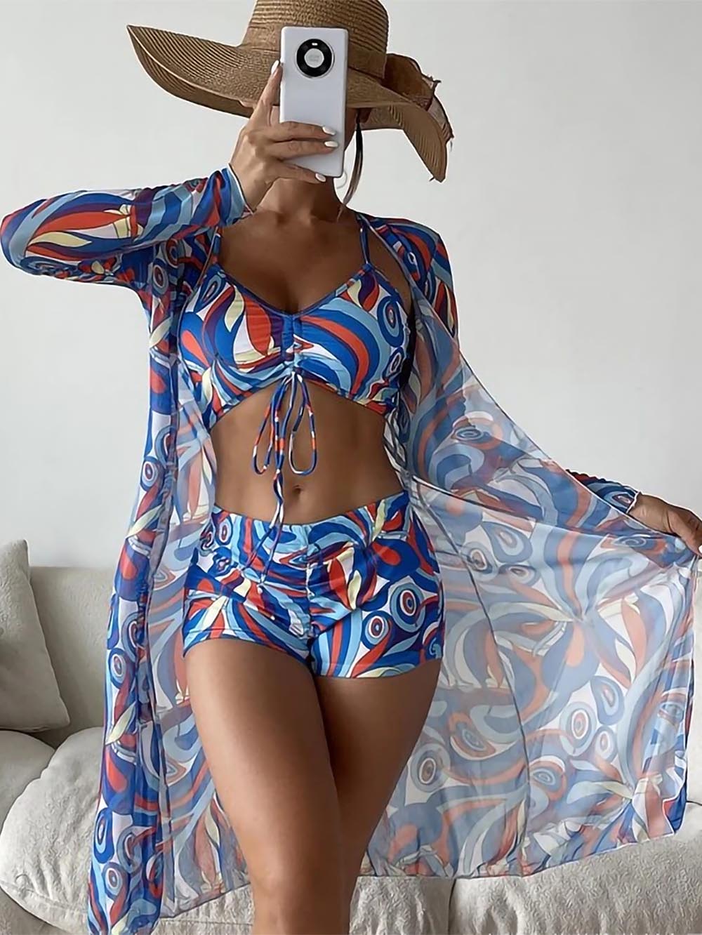 Women's Geometric Print Three-Piece Set Swimsuit with Long-Sleeve Hoodie | ZAKAPOP