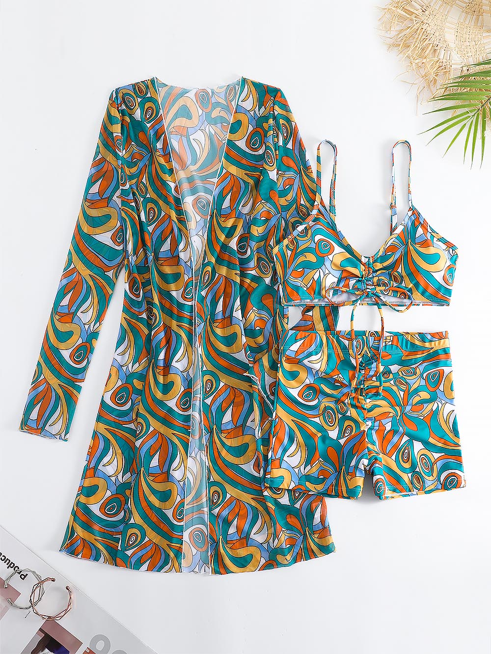 Women's Geometric Print Three-Piece Set Swimsuit with Long-Sleeve Hoodie | ZAKAPOP