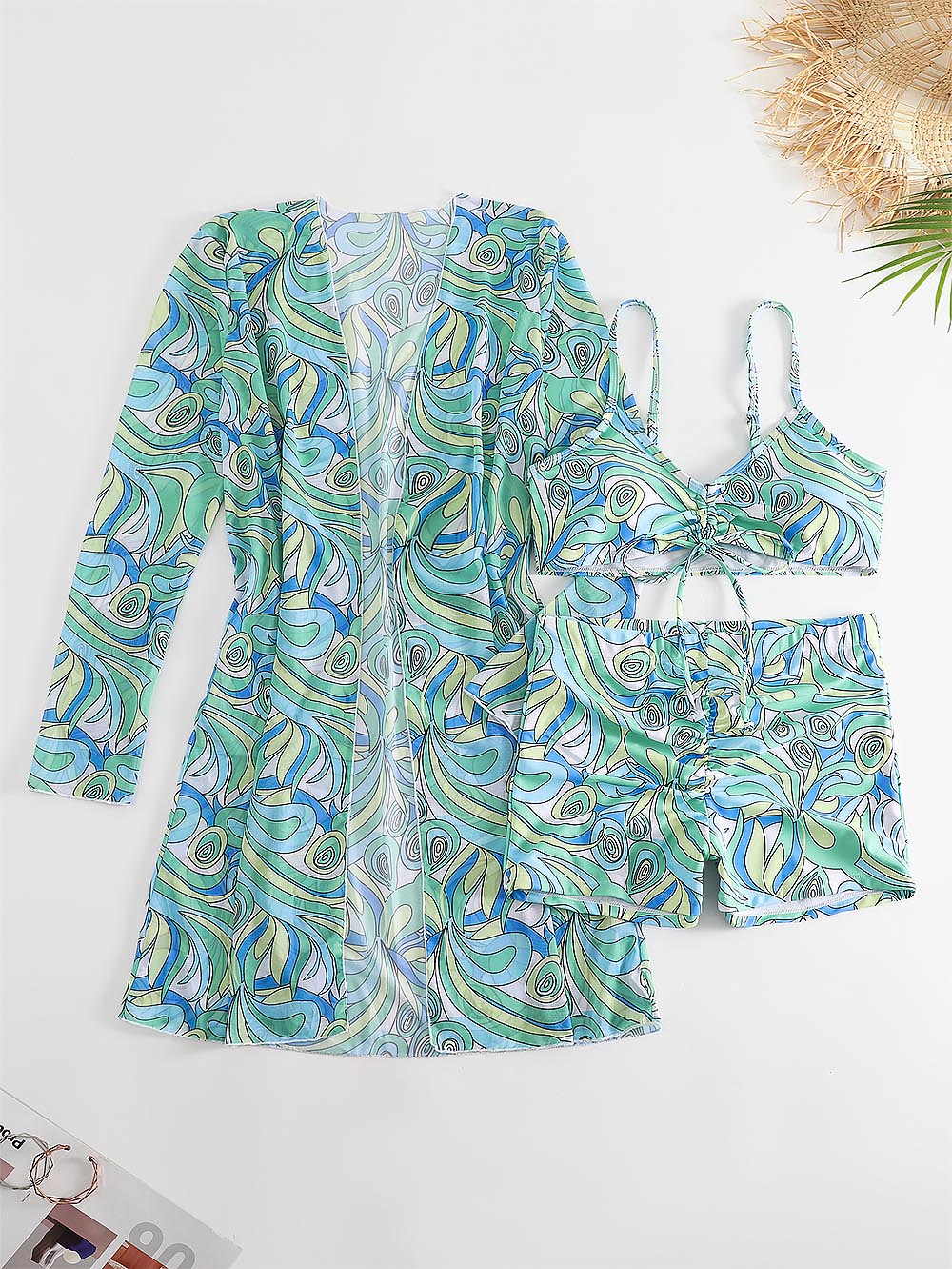 Women's Geometric Print Three-Piece Set Swimsuit with Long-Sleeve Hoodie | ZAKAPOP