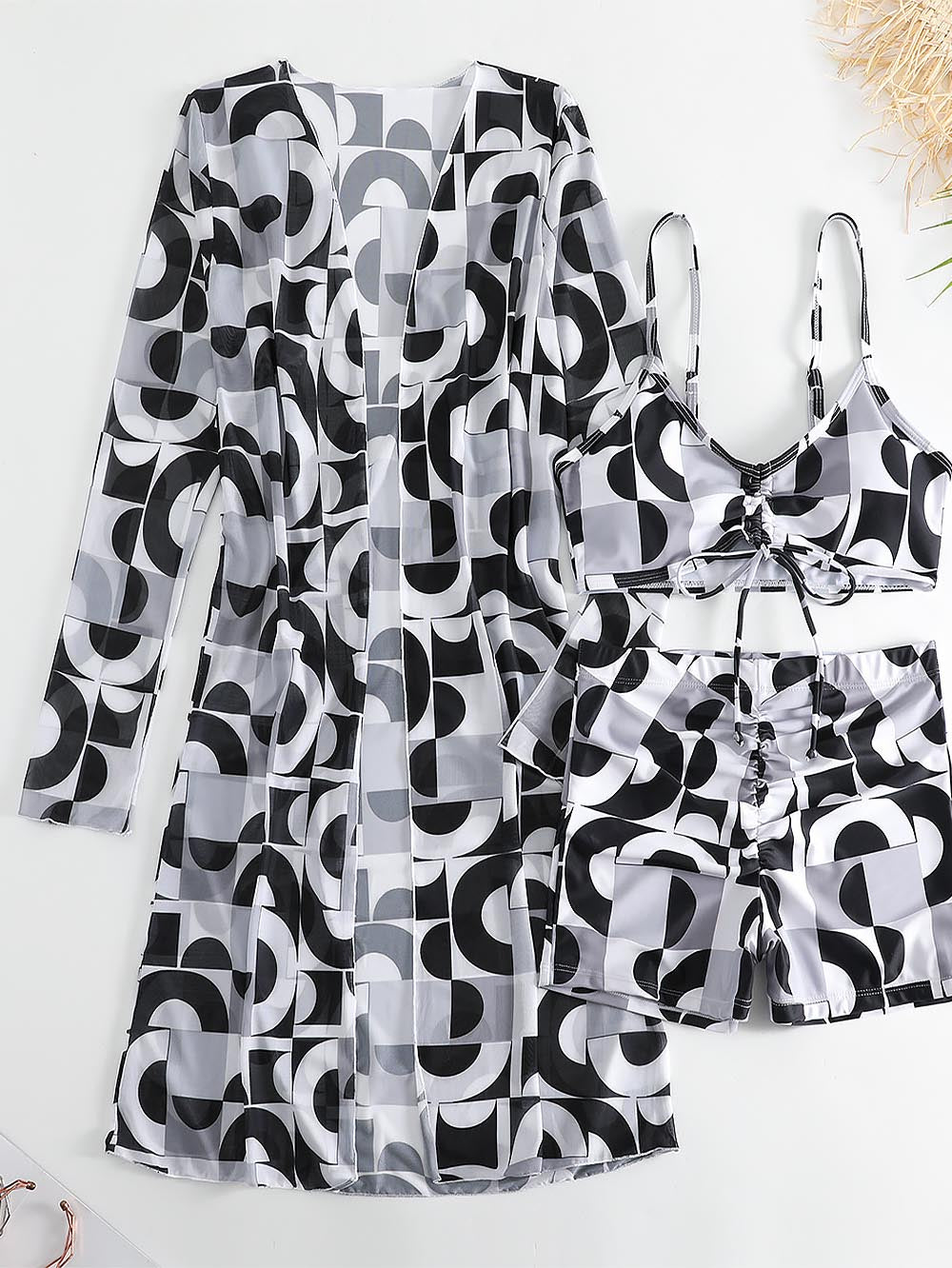 Women's Geometric Print Three-Piece Set Swimsuit with Long-Sleeve Hoodie | ZAKAPOP