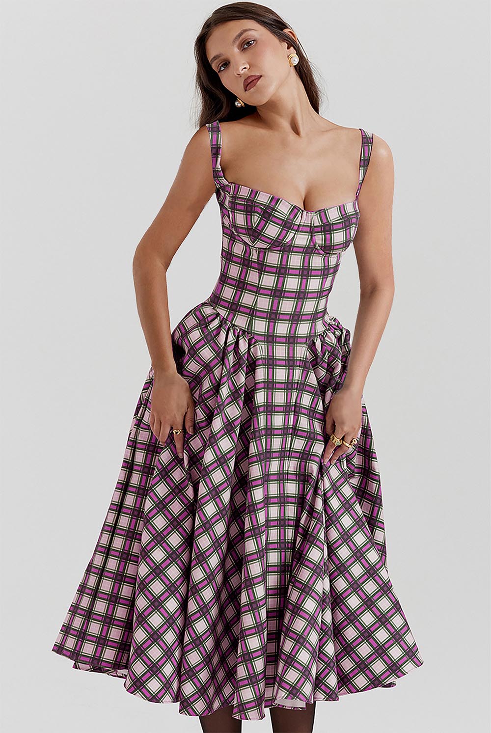 Women's Retro Pleated Check Midi Dress | ZAKAPOP