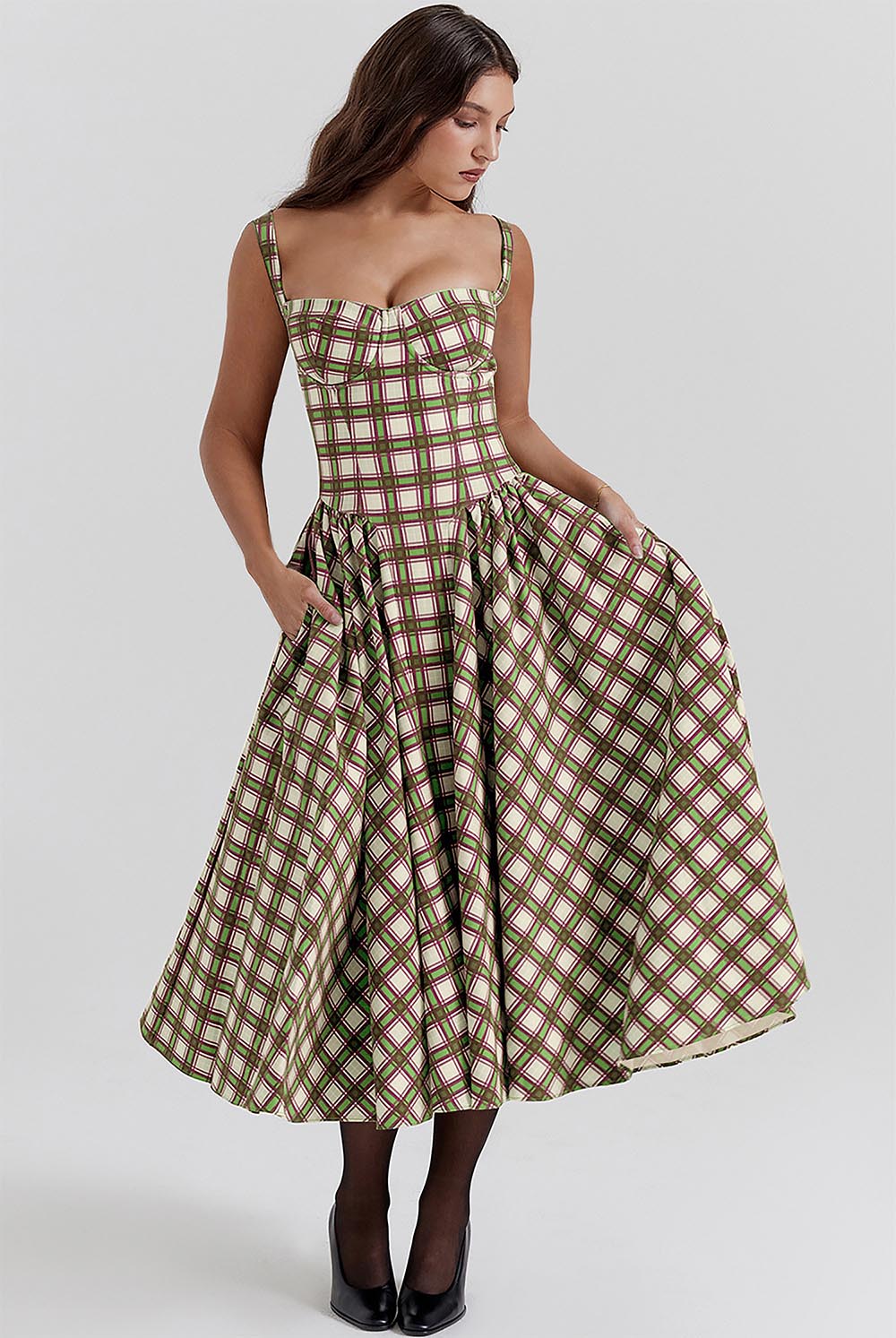 Women's Retro Pleated Check Midi Dress | ZAKAPOP