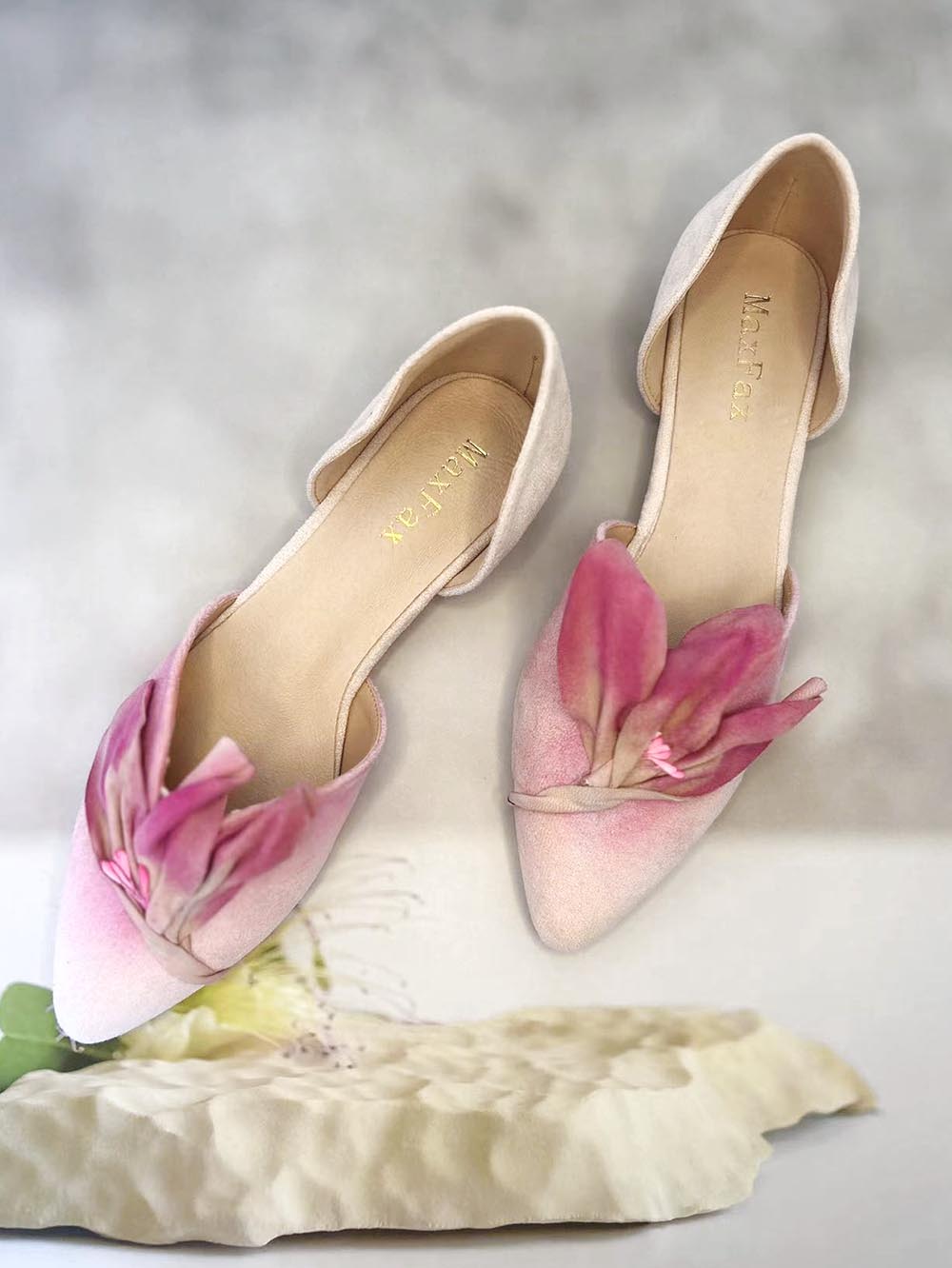 Handmade Pink Satins Flower Pointed Toe Flat Shoes | ZAKAPOP