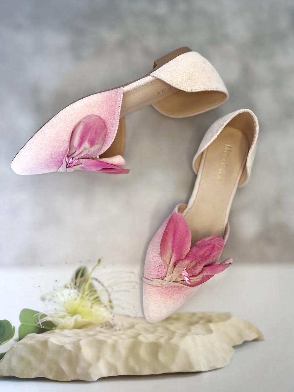 Handmade Pink Satins Flower Pointed Toe Flat Shoes | ZAKAPOP