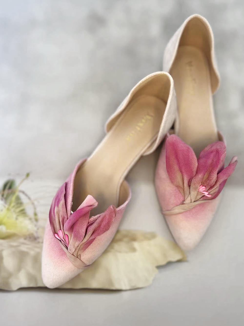 Handmade Pink Satins Flower Pointed Toe Flat Shoes | ZAKAPOP
