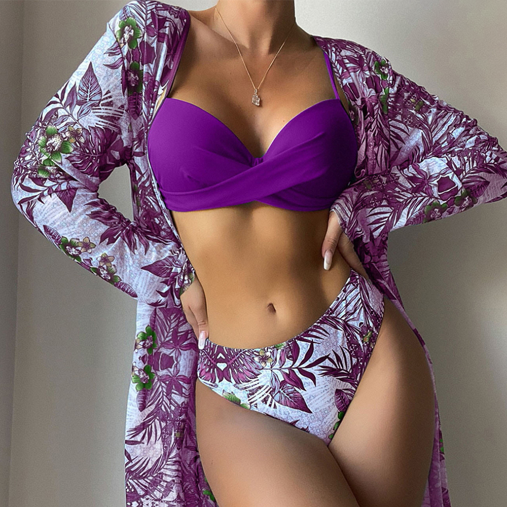 Floral Print Women Low Waist Twist Bikini Long Sleeve Cover Up Three Pieces Swimwear | ZAKAPOP