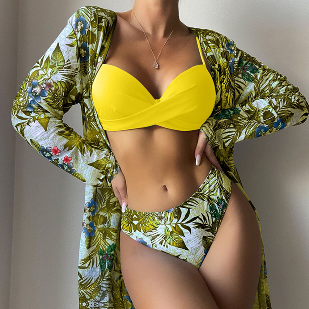 Floral Print Women Low Waist Twist Bikini Long Sleeve Cover Up Three Pieces Swimwear | ZAKAPOP